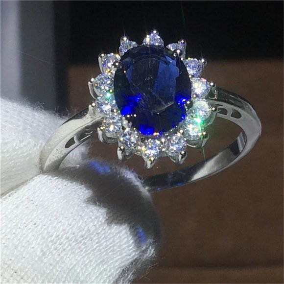 Silver Oval Cut Blue Sapphire Ring SZ 9 - Picture 1 of 3